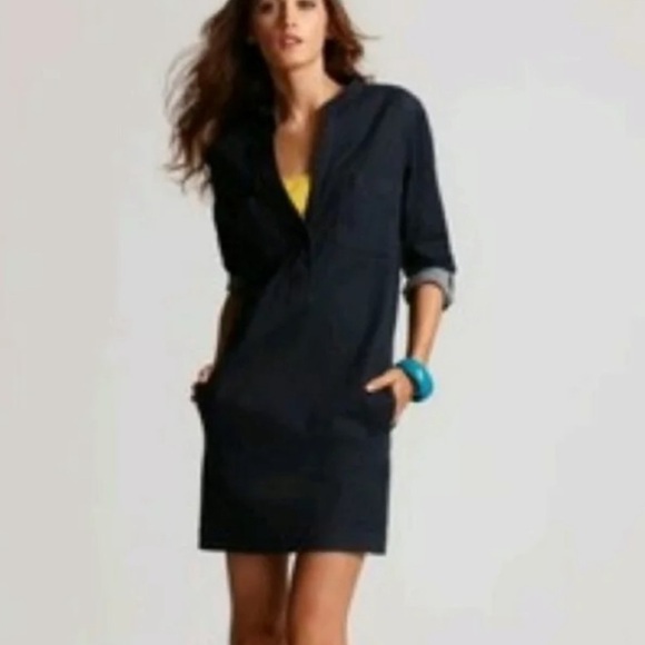 VINCE $320 Cupro Denim Indigo L/S Snap Henley Stretchy Dress split hems 2  XS/S - Picture 1 of 16